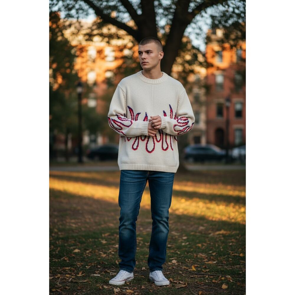 Rare  Flame Pattern Crewneck Cotton Oversize Streetwear Winter Men Sweater 2010